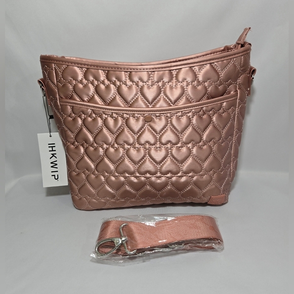 IHKWIP More Love Heart Quilted Messenger Crossbody Purse- Metallic Rose Gold - Picture 4 of 16